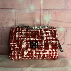 Badgley Mischka Red and White Tweed Shoulder Bag